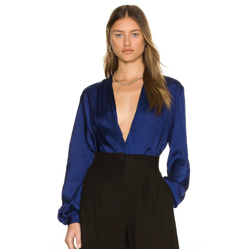 L'Academie Revolve Long Sleeve Bodysuit Small Deep V Neck Long Sleeve Satin